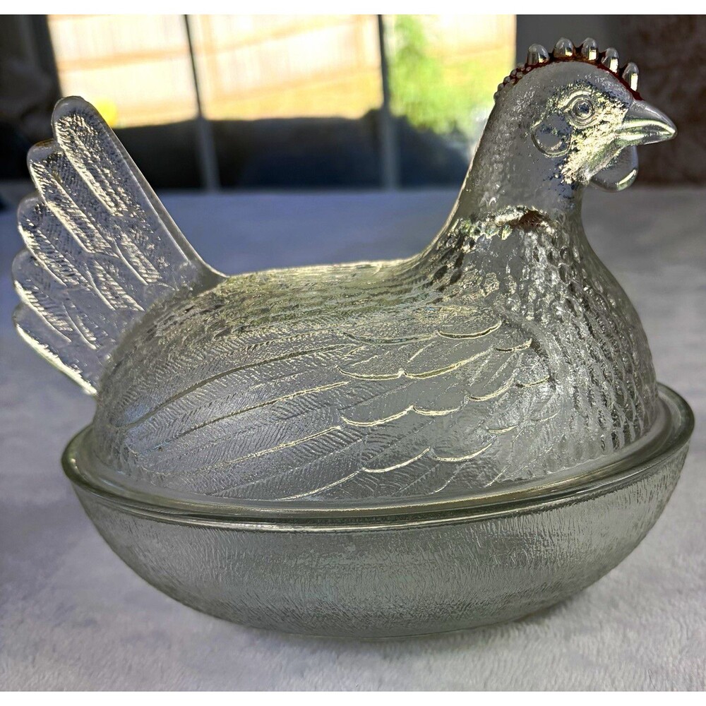 Vintage Indiana Glass Clear Hen on Nest 7" Covered Dish Red Comb 1950s